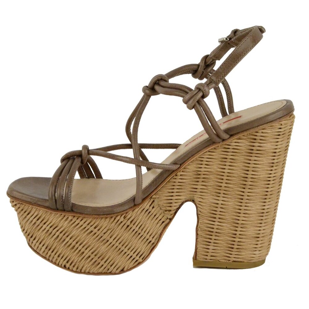 PRADA SHOES KNOTTED LEATHER WICKER WEDGE PLATFORM SANDALS sz 40 / 10 - Picture 5 of 13